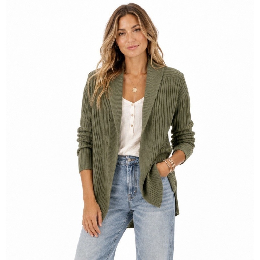 Talbots Ribbed Shawl Chunky Knit Cardigan L Green Angora Cotton Boho Cottagecore